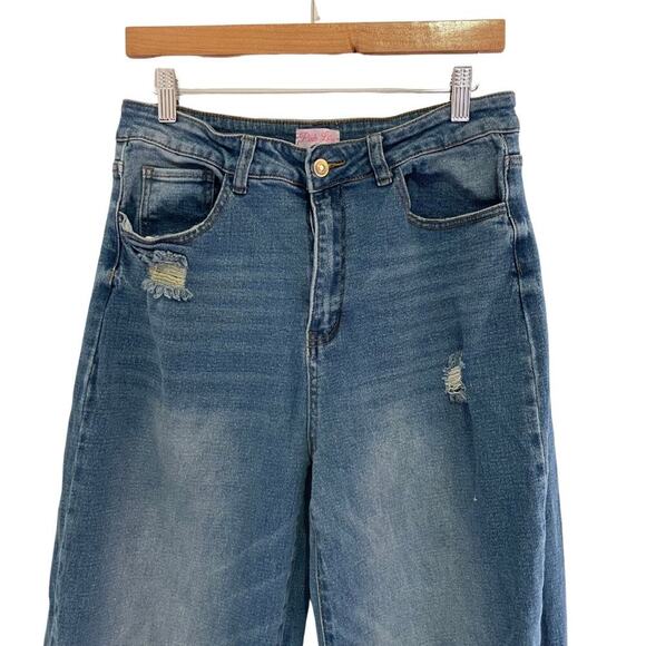 Pink Lily High Waisted Medium Wash Distressed Wide Leg Jeans Size 29 0634W - Picture 6 of 13